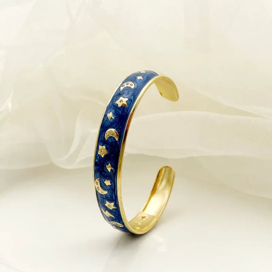 Γυναικείο βραχιόλι βέργα ατσάλινη με μπλε σμάλτο αστέρια και φεγγάρια (B1537) - bracelet - charmy.gr