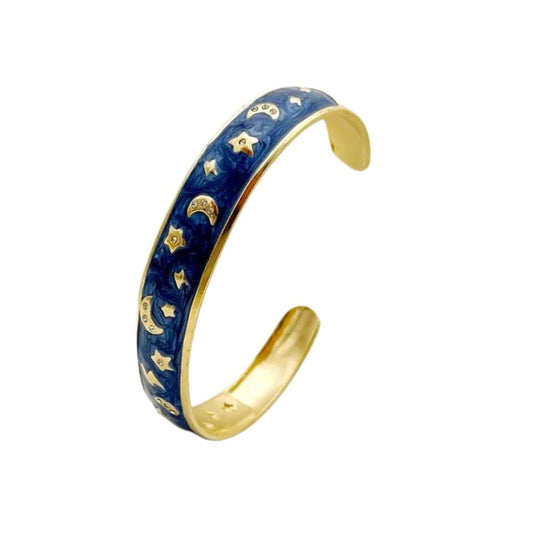 Βραχιόλι βέργα ατσάλινη με μπλε σμάλτο αστέρια και φεγγάρια (B1537) - bracelet - charmy.gr
