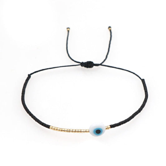 Βραχιόλι ματάκι με κορδόνι γυάλινες και μεταλλικές χάντρες (B1229) - bracelet - charmy.gr