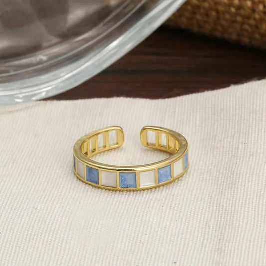 Δαχτυλίδι ρυθμιζόμενο βεράκι με γαλάζιο και άσπρο σμάλτο (R1218) - ring - charmy.gr