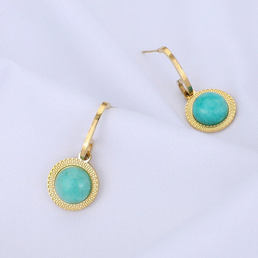 Γυναικεία σκουλαρίκια κρεμαστά ατσάλινα χρυσά με πέτρα τυρκουάζ (E1022) - Earrings - charmy.gr
