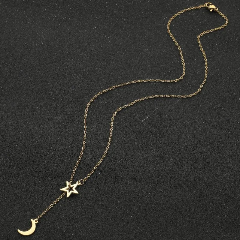 Γυναικείο κολιέ ατσάλινο με φεγγάρι και αστέρι επιχρυσωμένο (N1465) - necklace - charmy.gr