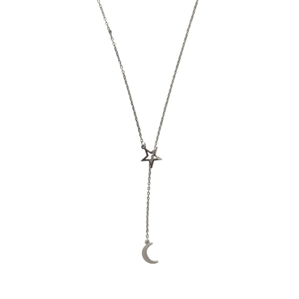 Κολιέ ατσάλινο με φεγγάρι και αστέρι χρώμα ασημί (N1466) - necklace - charmy.gr