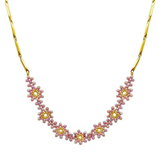 Κολιέ ατσάλινο με μωβ λουλούδια από τεχνικά κρυσταλλάκια επιχρυσωμένο 14k (N1461) - necklace - charmy.gr