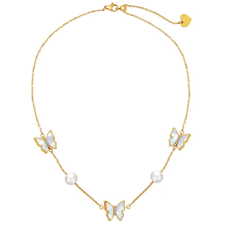Κολιέ ατσάλινο με πεταλούδες και πέρλες (N1406) - necklace - charmy.gr