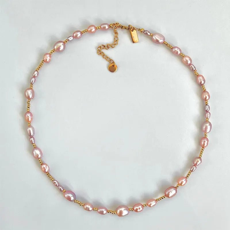 Γυναικείο κολιέ ατσάλινο με ροζ πέρλες επιχρυσωμένο 18k (N1390) - necklace - charmy.gr