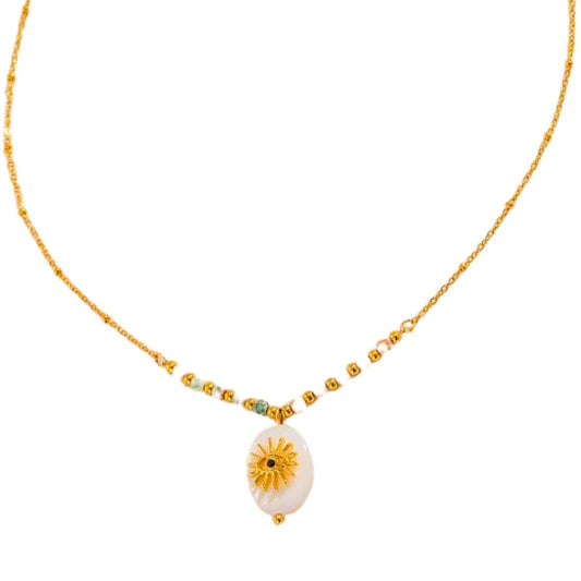 Κολιέ ατσάλινο με χάντρες και ματάκι 2.5 εκατοστά επιχρυσωμένο 18k (N1354) - necklace - charmy.gr