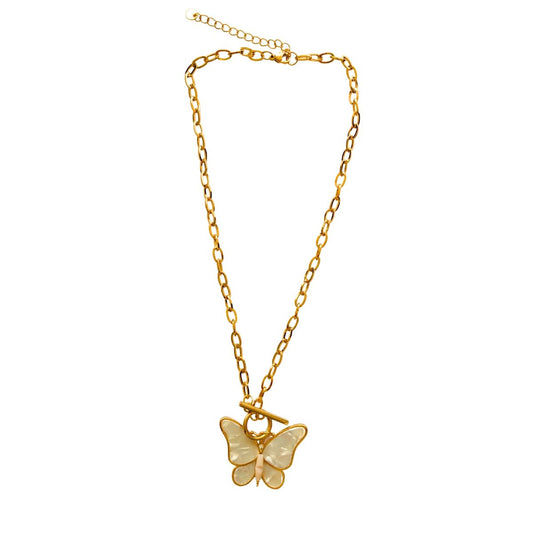 Κολιέ ατσάλινο με χοντρή αλυσίδα και μενταγιόν πεταλούδα επιχρυσωμένο (N1462)  - necklace - charmy.gr
